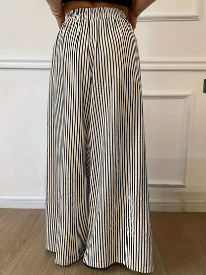 Pantalones Anchos de Rayas Melocotón para Mujeres con Cintura Alta y Cinturilla Elástica, Estilo Fluido y Relajado