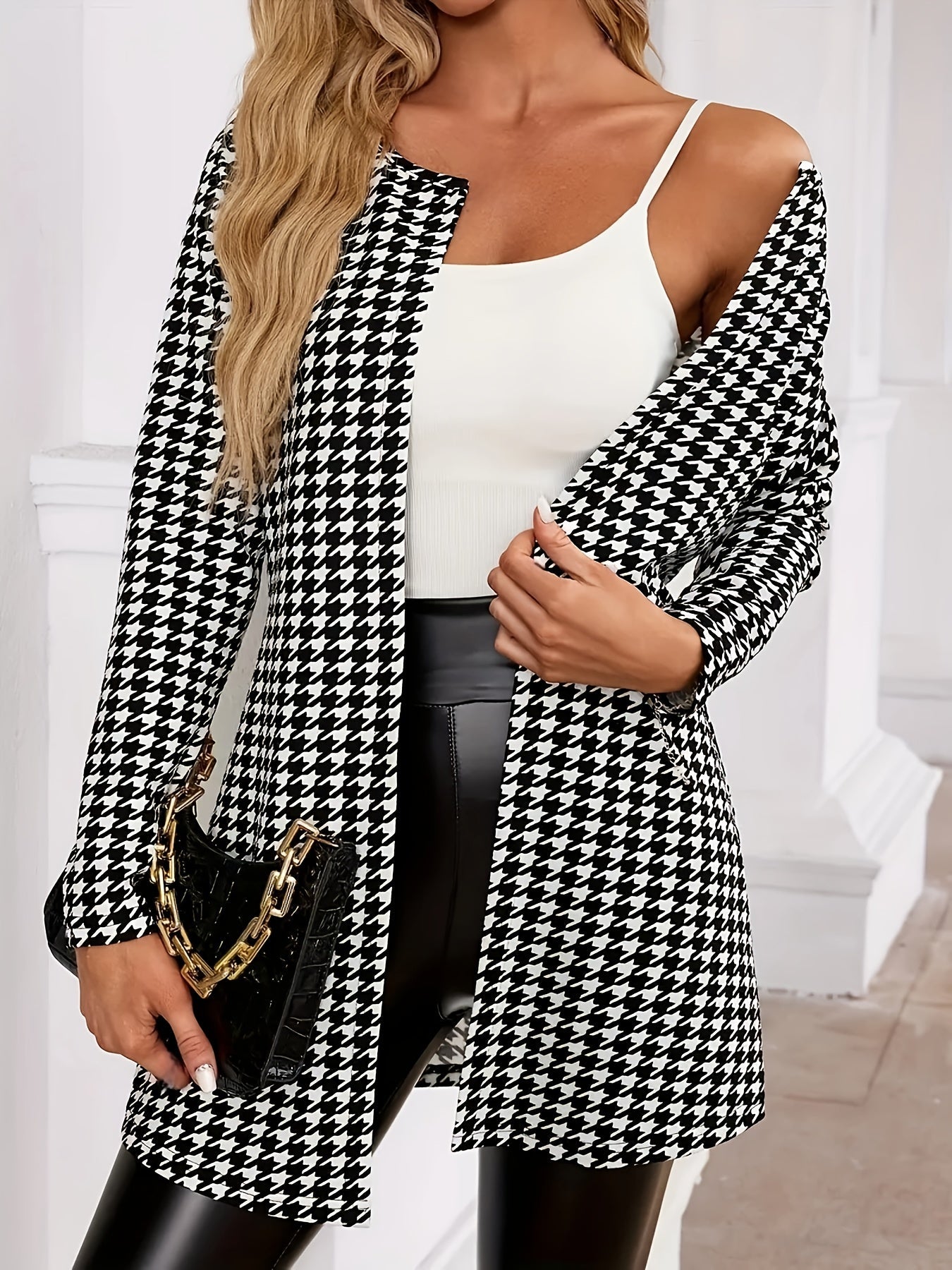 Cárdigan Elegante de Houndstooth para Mujeres con Frente Abierto y Mangas Largas Estilo Longline