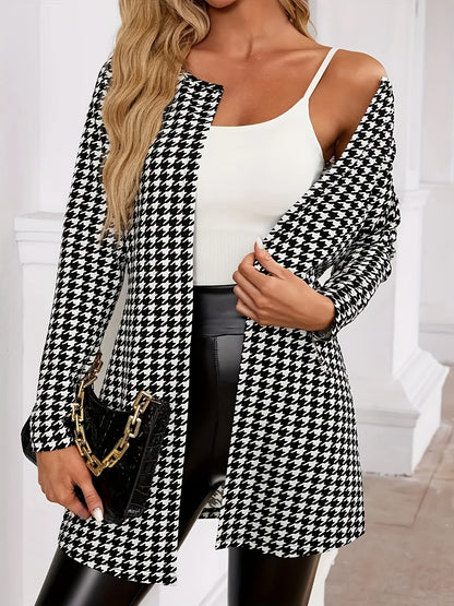 Cárdigan Elegante de Houndstooth para Mujeres con Frente Abierto y Mangas Largas Estilo Longline