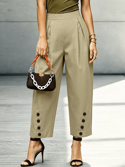 Pantalones Anchos de Caqui para Mujeres con Cintura Alta y Detalles de Botones Plisados