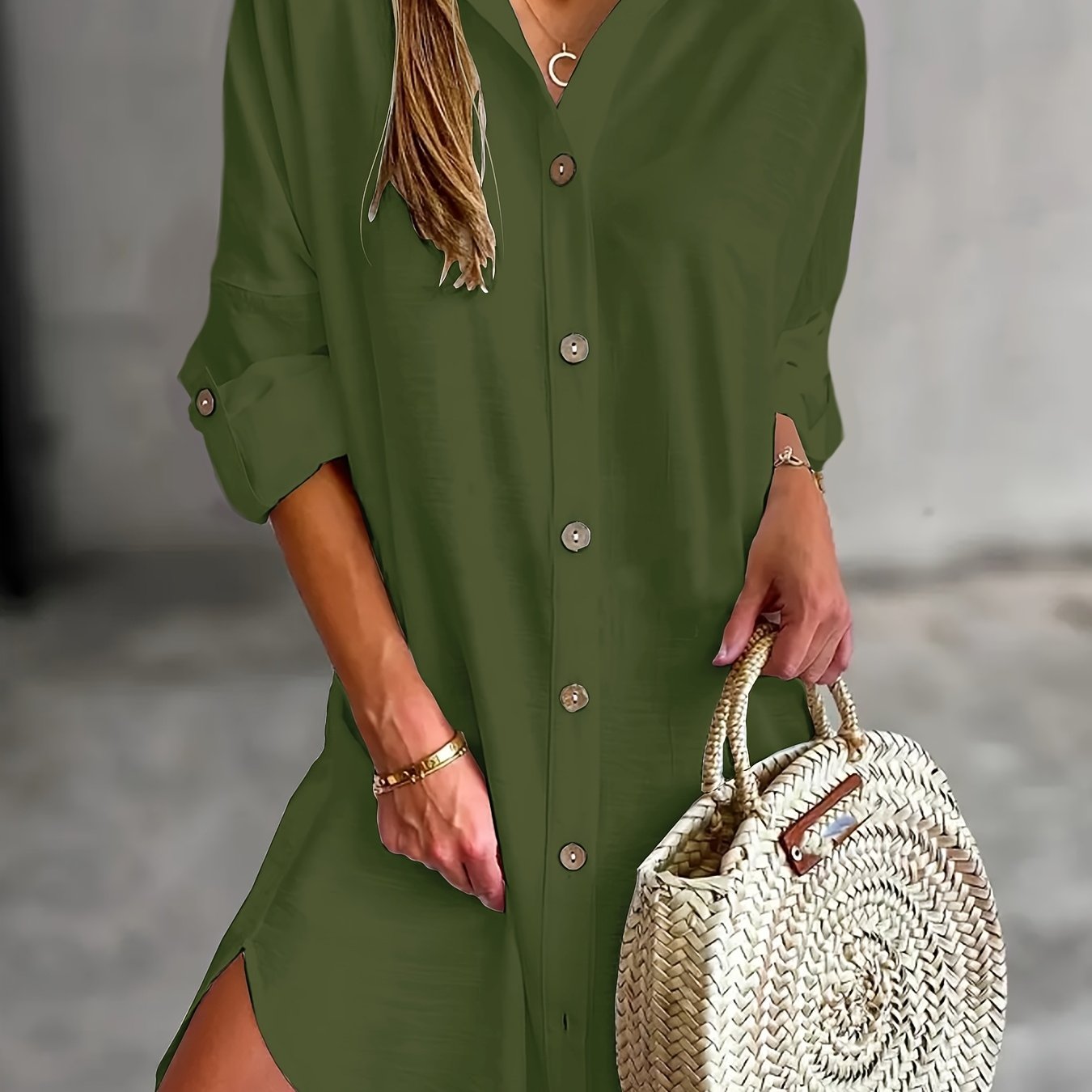 Vestido Camisa Sin Esfuerzo para Mujeres con Cuello, Manga Larga, Botones en la Parte Frontal, Estilo Casual Relajado