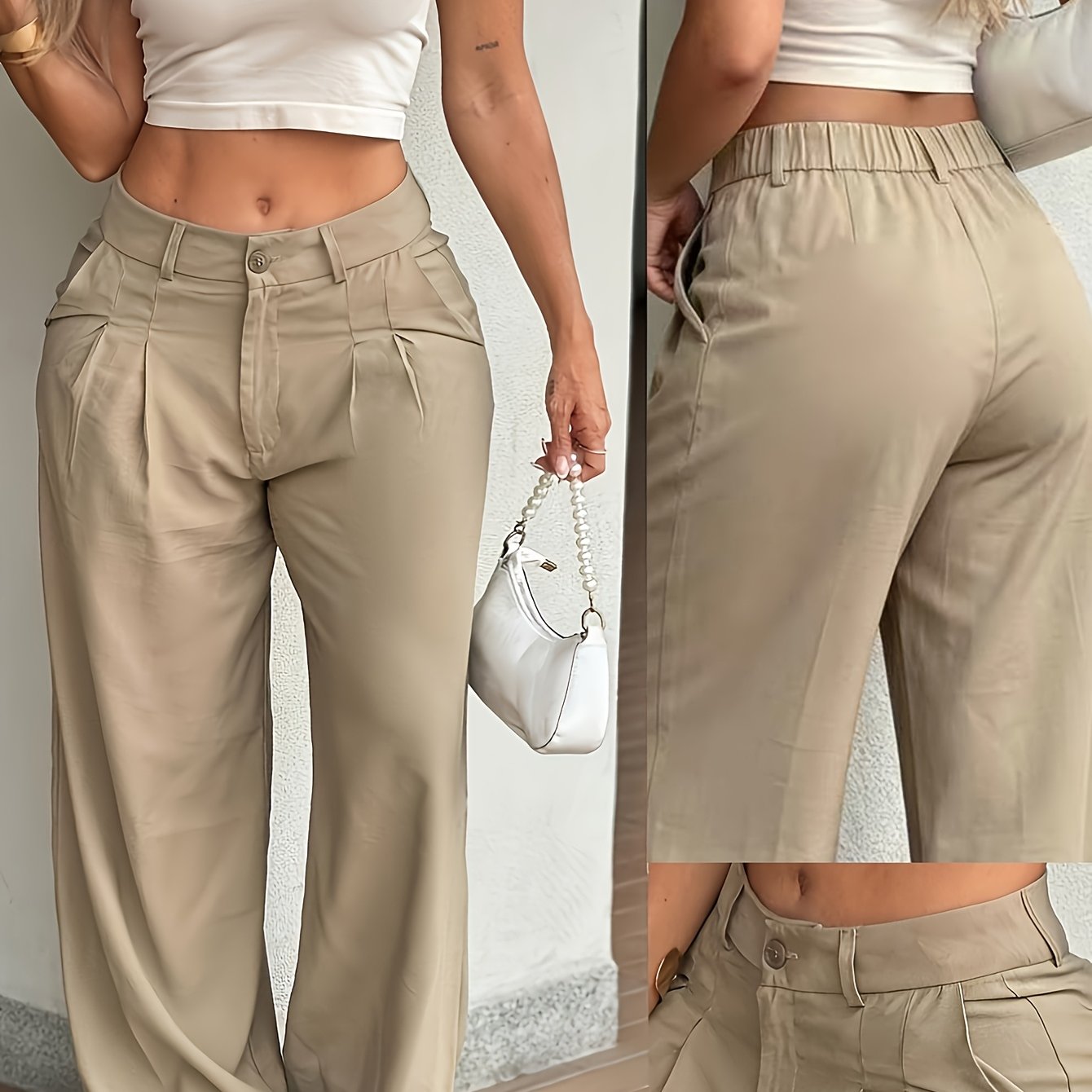 Pantalones de Pierna Ancha Sin Esfuerzo para Mujeres con Cintura Alta y Frente Plisado Estilo Casual Relajado