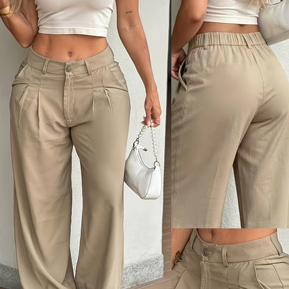 Pantalones de Pierna Ancha Sin Esfuerzo para Mujeres con Cintura Alta y Frente Plisado Estilo Casual Relajado