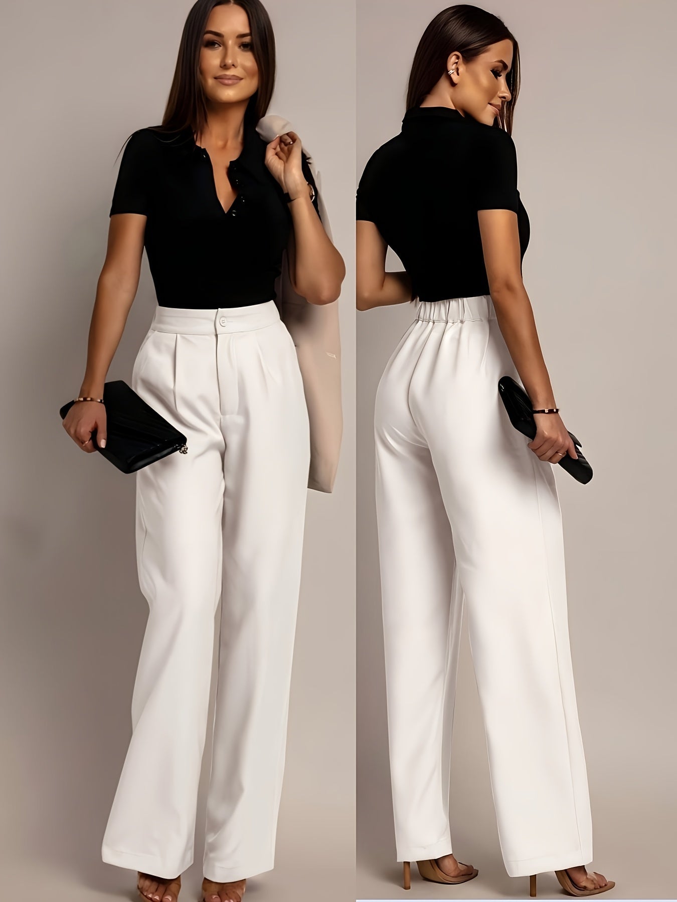 Pantalones de Pierna Ancha Sin Esfuerzo para Mujeres con Cintura Alta y Frente Plisado en Estilo Relajado y Ajustado