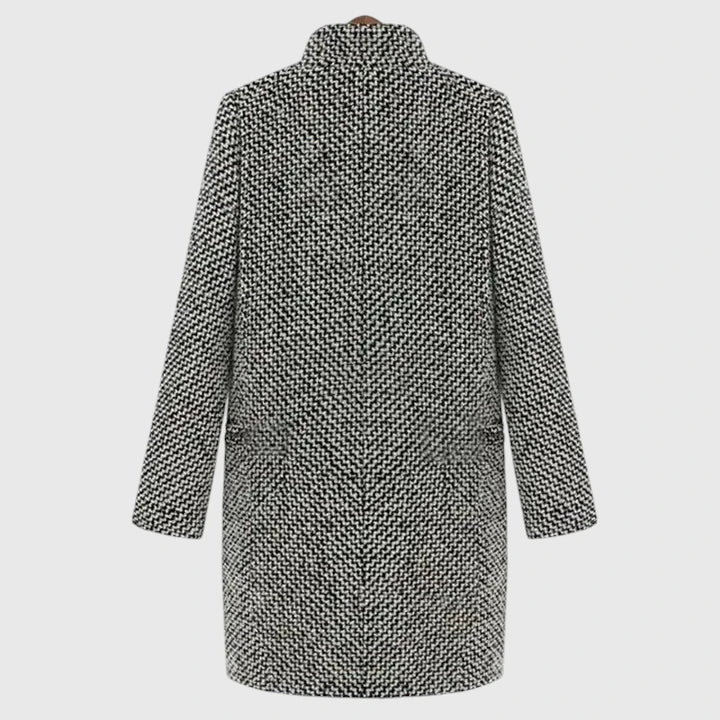 Abrigo de Tweed en Cuadros Grises Elegante para Mujeres con Solapa Escotada de Manga Larga y Estilo Relajado