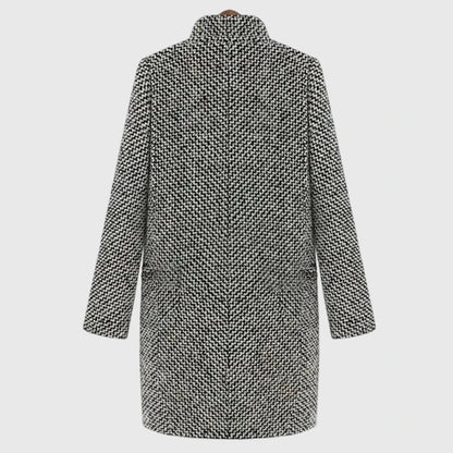 Abrigo de Tweed en Cuadros Grises Elegante para Mujeres con Solapa Escotada de Manga Larga y Estilo Relajado