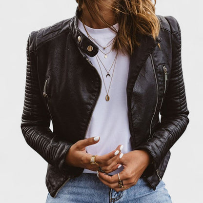 Chaqueta de Cuero Negra Elegante para Mujeres con Cuello Alto y Manga Larga Estilo Moto Acolchado