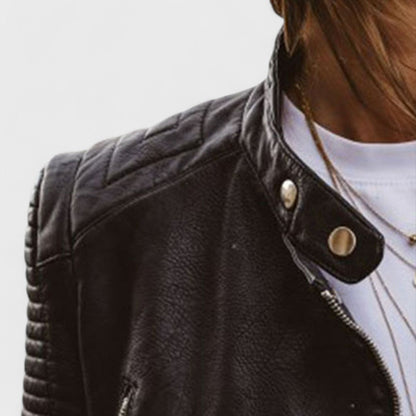 Chaqueta de Cuero Negra Elegante para Mujeres con Cuello Alto y Manga Larga Estilo Moto Acolchado