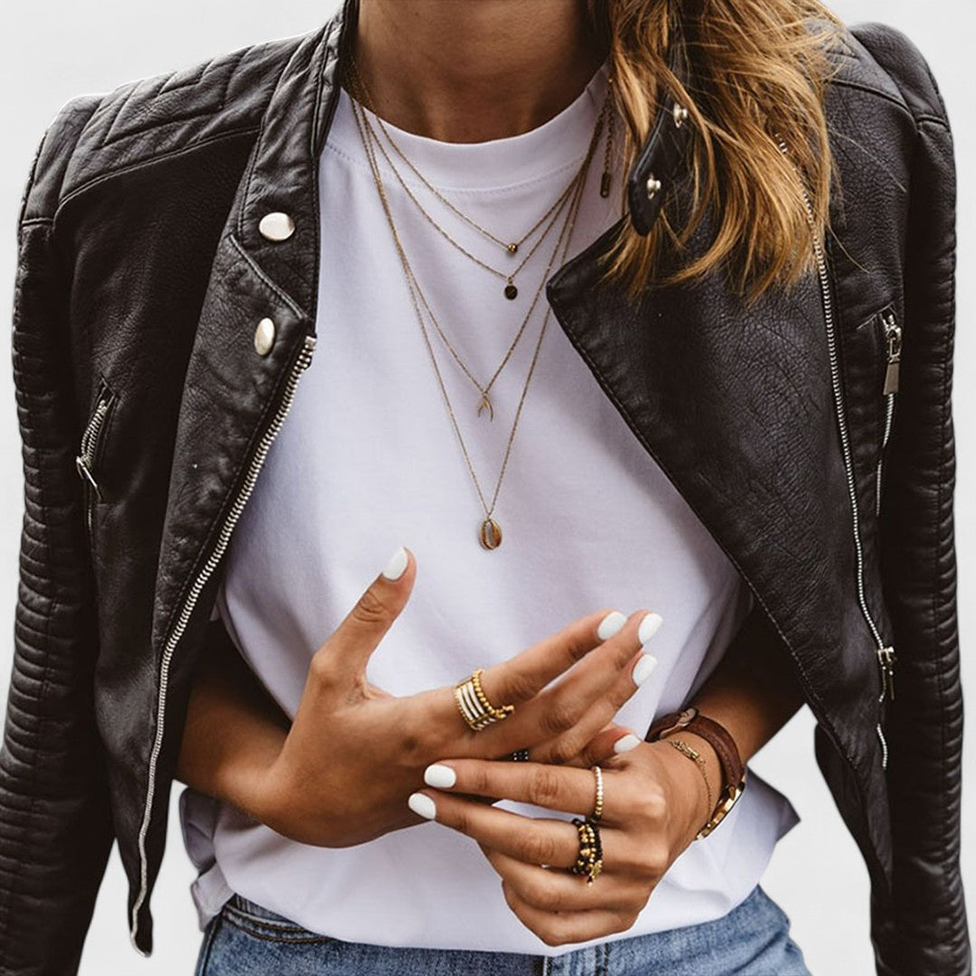 Chaqueta de Cuero Negra Elegante para Mujeres con Cuello Alto y Manga Larga Estilo Moto Acolchado
