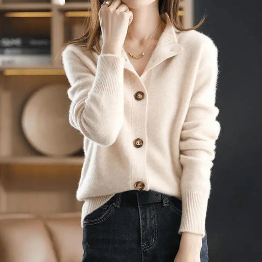 Suéter Cardigan Cómodo para Mujeres con Cuello de Solapa, Manga Larga, Botones Frontales y Estilo Relajado