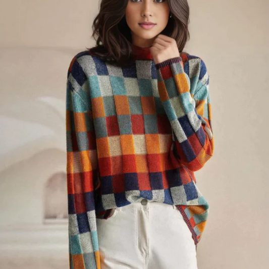 Suéter Cómodo a Rayas Multicolor para Mujeres con Cuello Alto, Manga Larga y Estilo Oversized de Tejido