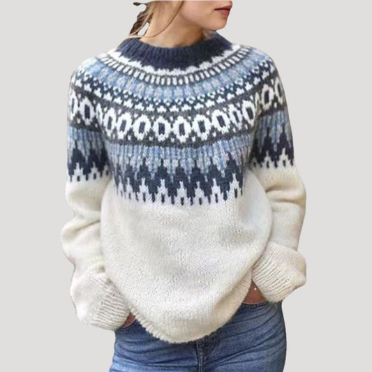 Suéter Cómodo de Estampado Fair Isle para Mujeres con Cuello Redondo, Manga Larga y Estilo Relajado Oversized