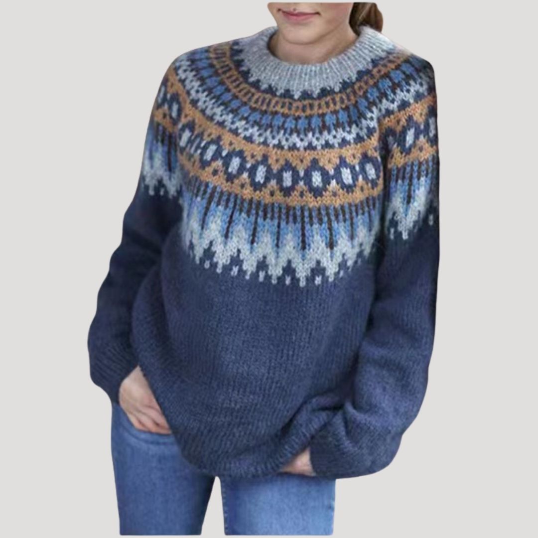 Suéter Cómodo de Estampado Fair Isle para Mujeres con Cuello Redondo, Manga Larga y Estilo Relajado Oversized