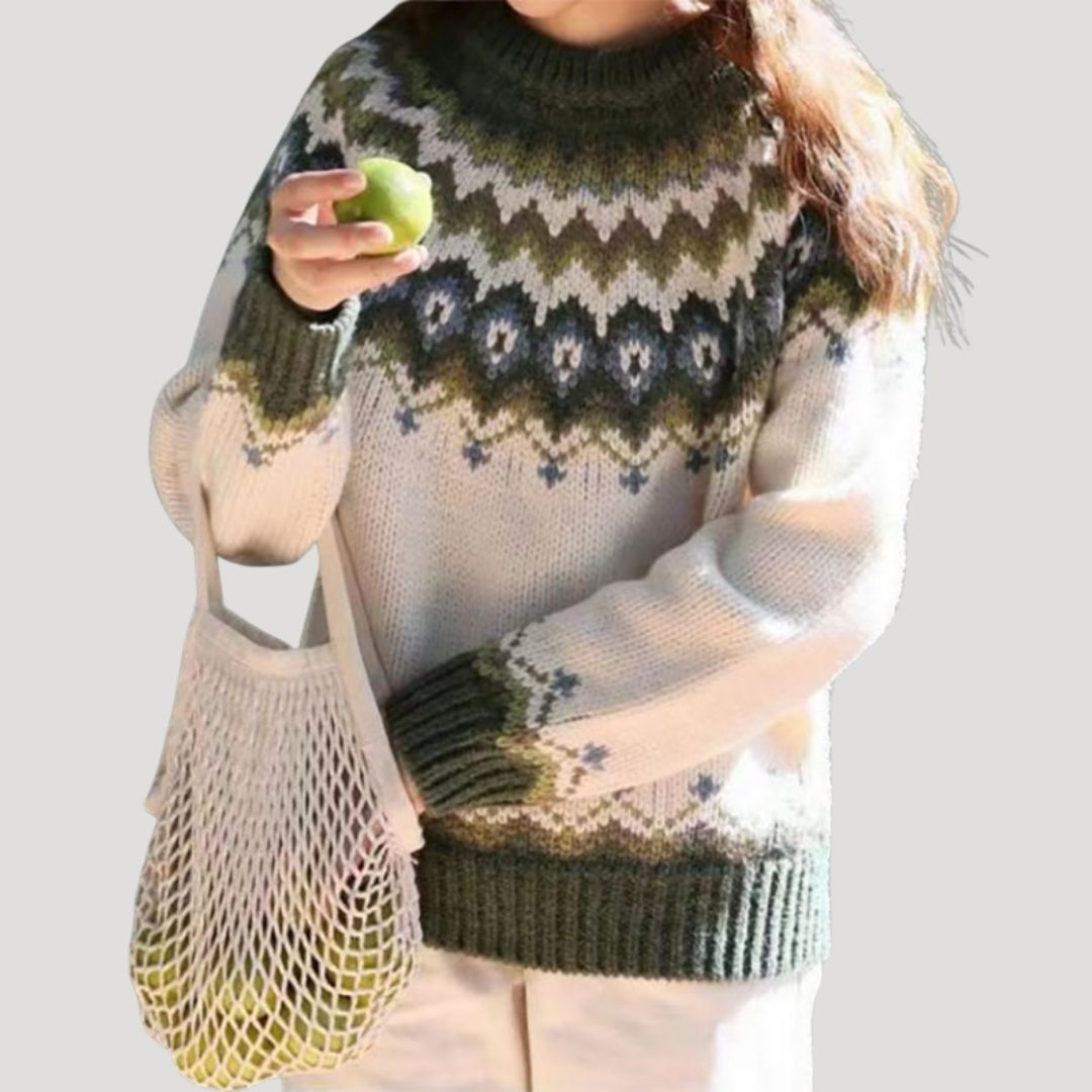 Suéter Cómodo de Estampado Fair Isle para Mujeres con Cuello Redondo, Manga Larga y Estilo Relajado Oversized