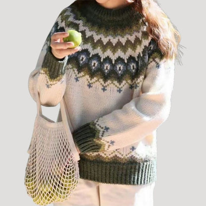 Suéter Cómodo de Estampado Fair Isle para Mujeres con Cuello Redondo, Manga Larga y Estilo Relajado Oversized