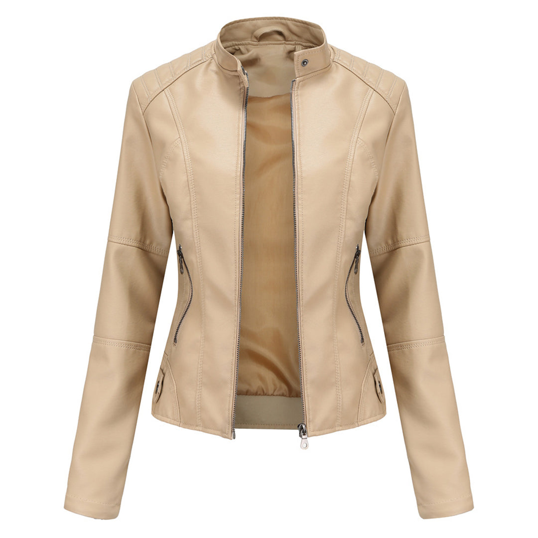 Chaqueta de Moto de Cuero Sintético Elegante para Mujeres con Cuello Alto, Manga Larga, Estilo Corto y Ajustado