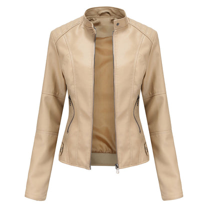 Chaqueta de Moto de Cuero Sintético Elegante para Mujeres con Cuello Alto, Manga Larga, Estilo Corto y Ajustado
