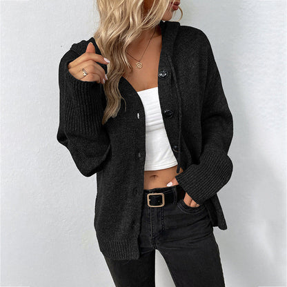 Suéter Cardigan Cómodo para Mujeres con Cuello con Capucha, Mangas Largas, Botones Frontales, Estilo Oversized de Tejido