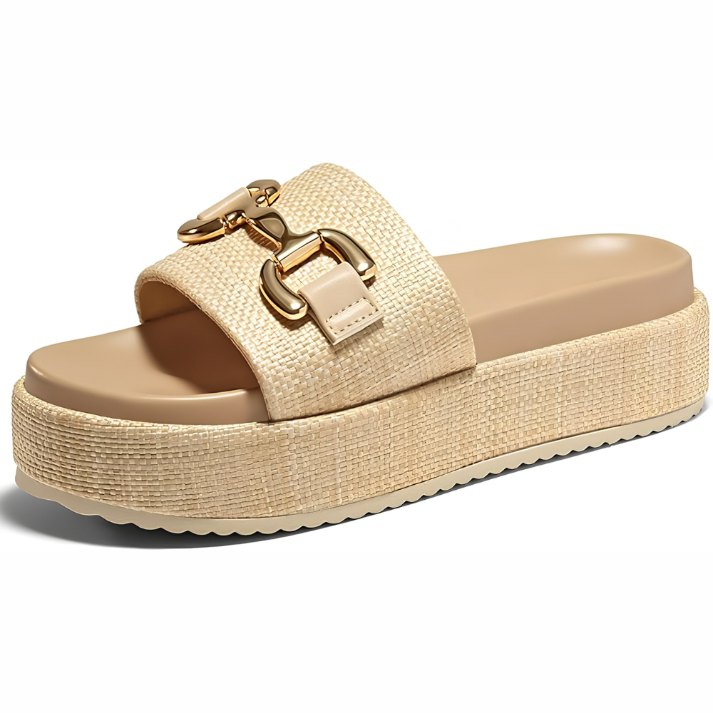 Sandalias de Deslizamiento Cómodas para Mujeres con Correa Tejida y Detalle de Hebilla Dorada, Estilo de Plataforma Abierto