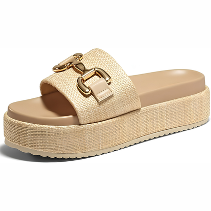 Sandalias de Deslizamiento Cómodas para Mujeres con Correa Tejida y Detalle de Hebilla Dorada, Estilo de Plataforma Abierto