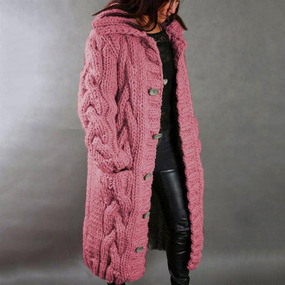Cárdigan de Punto Grueso y Cómodo para Mujeres con Capucha y Manga Larga, Estilo Oversized con Botones