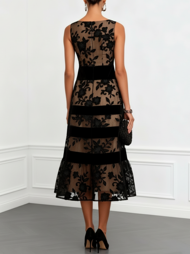 Vestido Midi Elegante de Encaje Floral Negro para Mujeres con Cuello Barco y Sin Mangas, Estilo de Raya de Terciopelo Fluyente