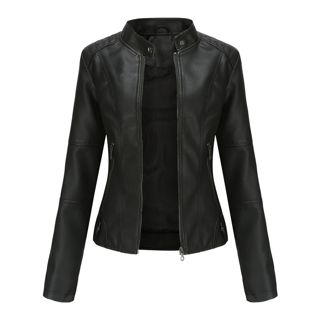 Chaqueta de Moto de Cuero Sintético Elegante para Mujeres con Cuello Alto, Manga Larga, Estilo Corto y Ajustado