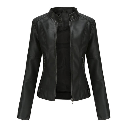 Chaqueta de Moto de Cuero Sintético Elegante para Mujeres con Cuello Alto, Manga Larga, Estilo Corto y Ajustado
