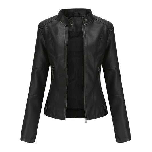 Chaqueta de Moto de Cuero Sintético Elegante para Mujeres con Cuello Alto, Manga Larga, Estilo Corto y Ajustado