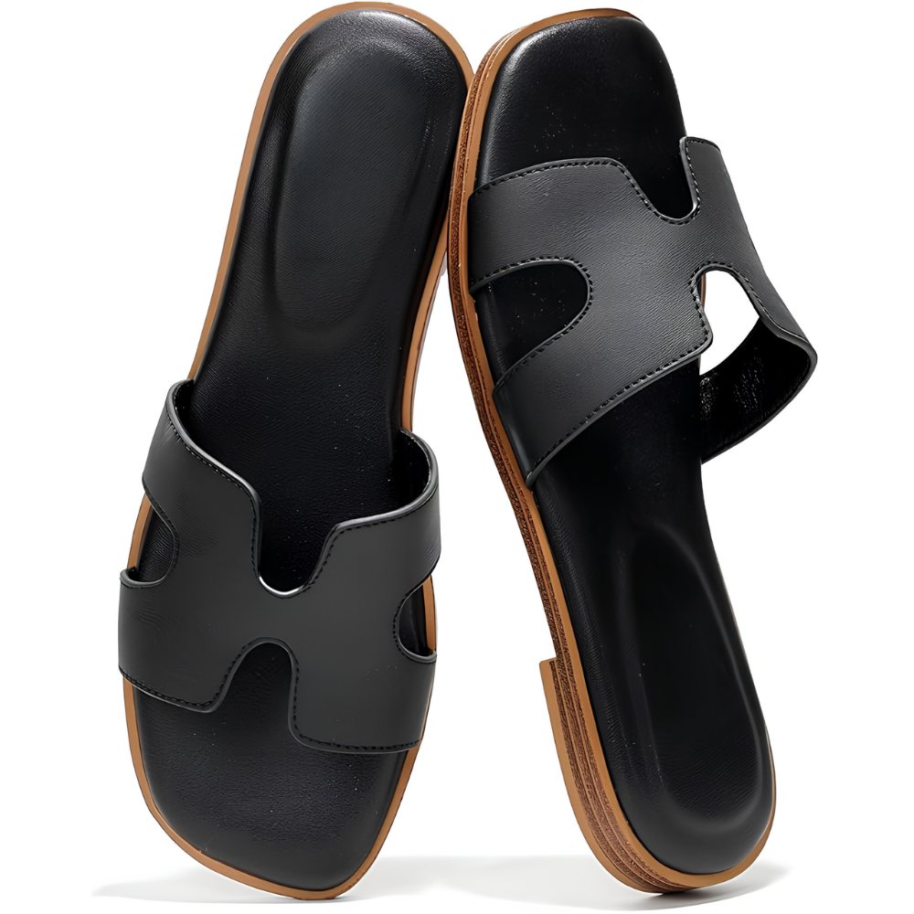 Sandalias de Cuero Cómodas para Mujeres con Correa Recortada y Punta Cuadrada, Estilo Plano