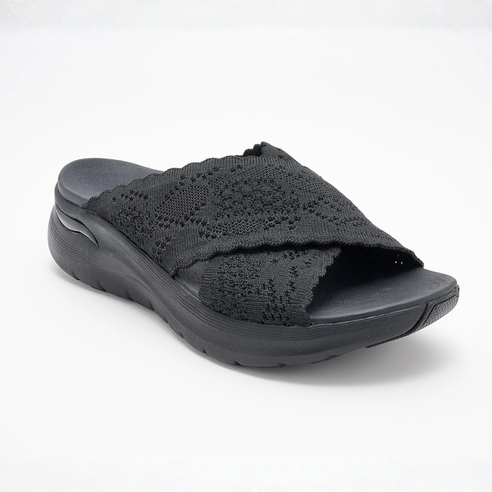Sandalias deslizantes cómodas para mujeres con tiras cruzadas de punto y suela de plataforma acolchada