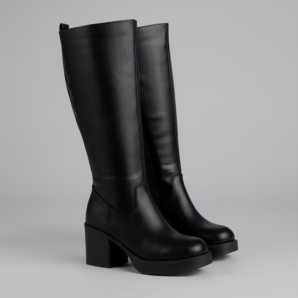 Botas Elegantes hasta la Rodilla para Mujeres con Punta Redonda, Cierre Lateral, Tacón de Bloque, Estilo de Cuero