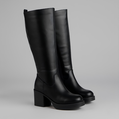 Botas Elegantes hasta la Rodilla para Mujeres con Punta Redonda, Cierre Lateral, Tacón de Bloque, Estilo de Cuero