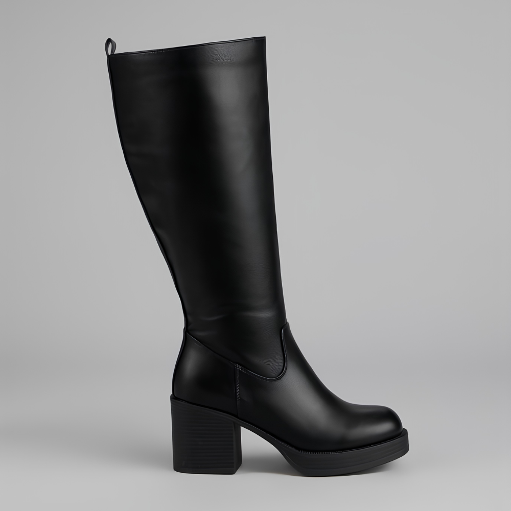Botas Elegantes hasta la Rodilla para Mujeres con Punta Redonda, Cierre Lateral, Tacón de Bloque, Estilo de Cuero