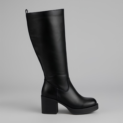Botas Elegantes hasta la Rodilla para Mujeres con Punta Redonda, Cierre Lateral, Tacón de Bloque, Estilo de Cuero