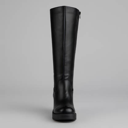 Botas Elegantes hasta la Rodilla para Mujeres con Punta Redonda, Cierre Lateral, Tacón de Bloque, Estilo de Cuero