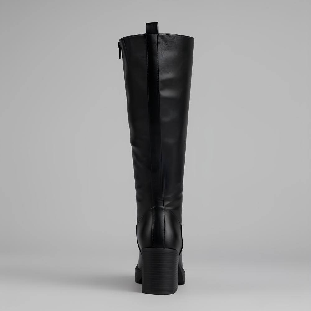 Botas Elegantes hasta la Rodilla para Mujeres con Punta Redonda, Cierre Lateral, Tacón de Bloque, Estilo de Cuero