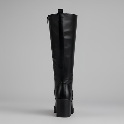 Botas Elegantes hasta la Rodilla para Mujeres con Punta Redonda, Cierre Lateral, Tacón de Bloque, Estilo de Cuero