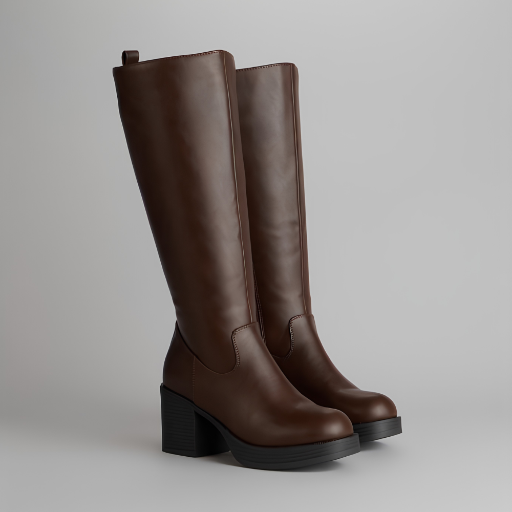Botas Elegantes hasta la Rodilla para Mujeres con Punta Redonda, Cierre Lateral, Tacón de Bloque, Estilo de Cuero