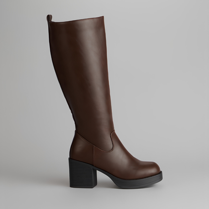 Botas Elegantes hasta la Rodilla para Mujeres con Punta Redonda, Cierre Lateral, Tacón de Bloque, Estilo de Cuero