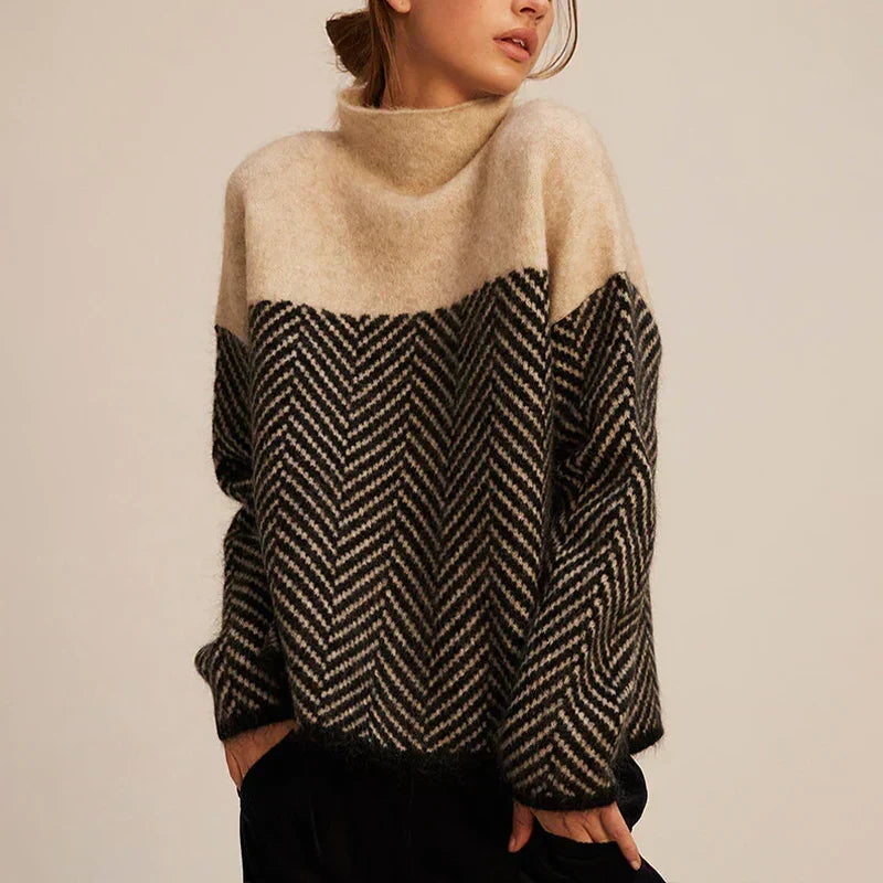 Suéter Colorblock de Espiga Cómodo para Mujeres con Cuello Alto y Manga Larga de Estilo Oversized