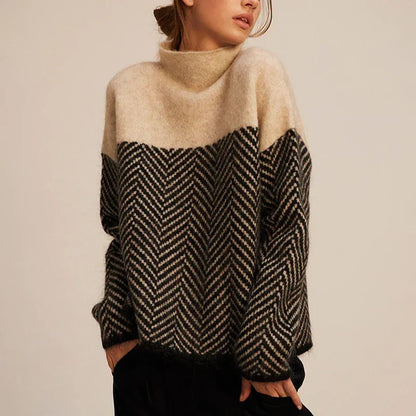 Suéter Colorblock de Espiga Cómodo para Mujeres con Cuello Alto y Manga Larga de Estilo Oversized