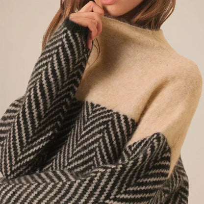 Suéter Colorblock de Espiga Cómodo para Mujeres con Cuello Alto y Manga Larga de Estilo Oversized