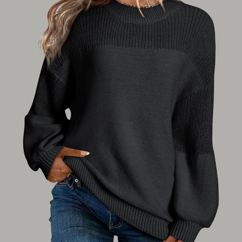 Suéter de Punto Colorblock Cómodo para Mujeres con Cuello Mock y Mangas Globo en Estilo Relajado y Oversized