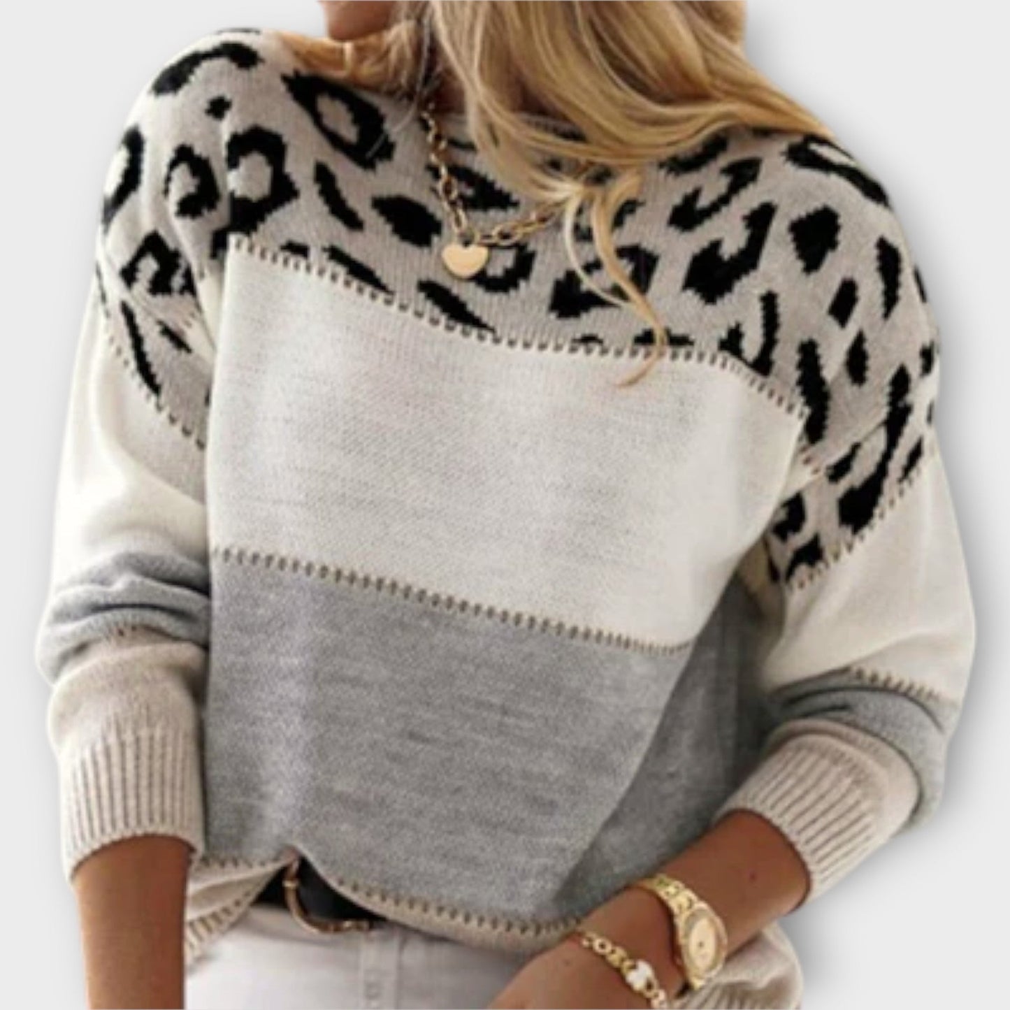 Suéter Colorblock de Leopardo Cómodo para Mujeres con Cuello Redondo y Manga Larga, Estilo Relajado y Oversized