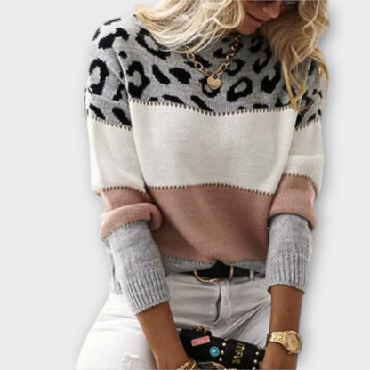 Suéter Colorblock de Leopardo Cómodo para Mujeres con Cuello Redondo y Manga Larga, Estilo Relajado y Oversized