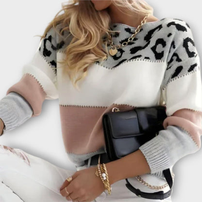 Suéter Colorblock de Leopardo Cómodo para Mujeres con Cuello Redondo y Manga Larga, Estilo Relajado y Oversized