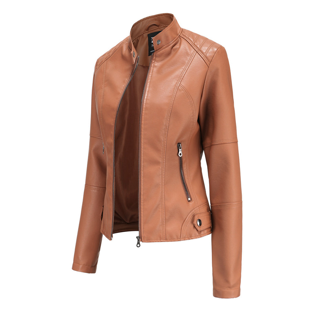 Chaqueta de Moto de Cuero Sintético Elegante para Mujeres con Cuello Alto, Manga Larga, Estilo Corto y Ajustado