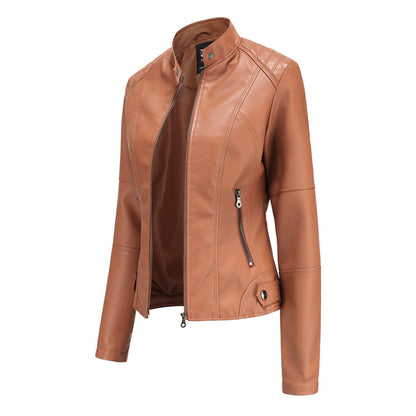 Chaqueta de Moto de Cuero Sintético Elegante para Mujeres con Cuello Alto, Manga Larga, Estilo Corto y Ajustado