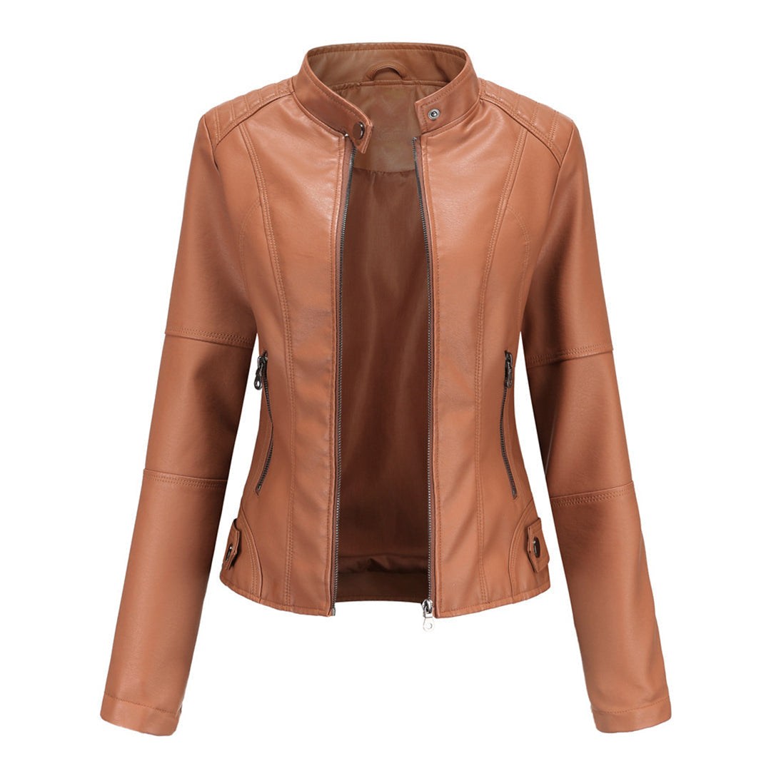Chaqueta de Moto de Cuero Sintético Elegante para Mujeres con Cuello Alto, Manga Larga, Estilo Corto y Ajustado